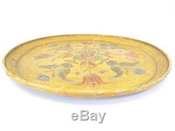 Antique Old Paper Mache Hand Painted Yellow Flowers Red Primitive Serving Tray