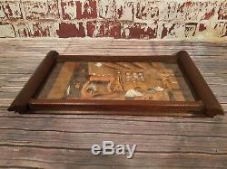 Antique Old Vintage Poker Work Wooden Serving Tray 1920'S Glass Top Tea Coffee