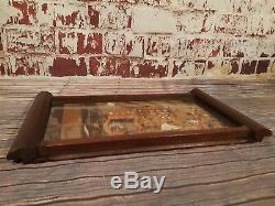 Antique Old Vintage Poker Work Wooden Serving Tray 1920'S Glass Top Tea Coffee