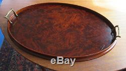 Antique Oval Flame Mahogany Tray Georgian Style Tea Serving Brass Handles