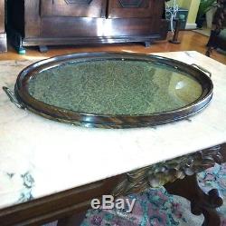Antique Oval Glass Top Serving Tray Soild Wood & Hand Forged Handles Large