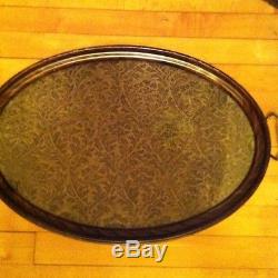 Antique Oval Glass Top Serving Tray Soild Wood & Hand Forged Handles Large