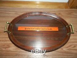 Antique Oval Mahogany Serving Tray With Glass Top & Brass Handles 18.5 X 13