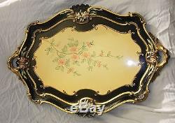 Antique Paper mâché Decorative Serving Tray Floral Pattern From Europe Gold Trim
