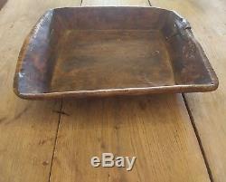 Antique Primitive Early Wood Apple Serving Tray Table Hand Carved Iron Repair