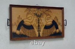 Antique Serving Tray Art Picture Carved Wood Glazed