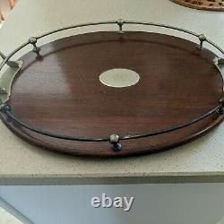 Antique Silver Plate Edged Oval Wooden Serving Tray Art Deco