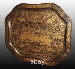 Antique Tray Wooden Oriental Decor City View Lacquered Gilt Life Rare Old 19th
