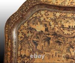 Antique Tray Wooden Oriental Decor City View Lacquered Gilt Life Rare Old 19th