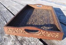 Antique VICTORIAN Butler SERVING TRAY Ornate CHIP CARVED Wood Mahogany 1860s