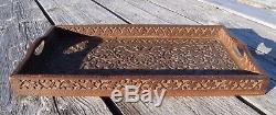 Antique VICTORIAN Butler SERVING TRAY Ornate CHIP CARVED Wood Mahogany 1860s