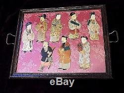 Antique Victorian Edwardian Oriental Silk Character 8 immortal serving Tray