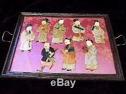 Antique Victorian Edwardian Oriental Silk Character 8 immortal serving Tray