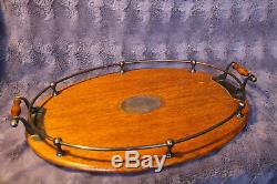 Antique Victorian Edwardian Oval Oak Serving Tray with Ball Handle Rail Gallery