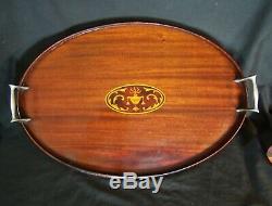 Antique Victorian English Wooden Mahogany Serving Tray Marquetry Inlay Inlaid