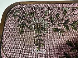 Antique Victorian Hand Beaded Flowers Wood Serving Tray with Handles