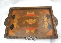 Antique Victorian Marquetry Tray Serving Butler Wood Ornate Chip Carved Handmade