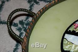 Antique Victorian Wicker & Glass Serving Tray-Woman Holding Umbrella-Wood Base