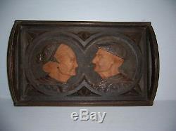 Antique Vintage Hand Carved Wooden Serving Tray of Old Man & Woman Marked Saez