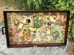 Antique Vintage Retro Beautiful Wooden Serving Tray With Glass Top