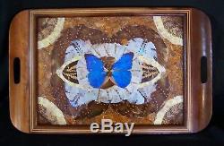 Antique Vintage Wood Marquetry Inlaid BUTTERFLY WING Large Serving Tray 1930
