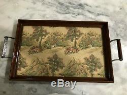 Antique Vintage Wooden Butlers Serving Dinner/tea Tray Glass Top With Tapestry