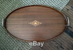 Antique Vintage Wooden Inlay 24 Serving Tea Tray Butler Tray Oval