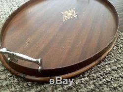 Antique Vintage Wooden Inlay 24 Serving Tea Tray Butler Tray Oval