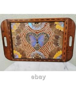 Antique Vintage Wooden Large Tray Serving & Butterfly Wing Inlaid Colored 21