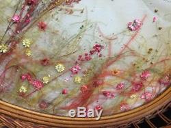 Antique Wicker, Wood, Glass Oval Serving Tray Basket Flowers Feathers Bluejay