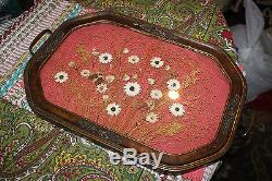 Antique Wood & Glass Serving Tray-Dried Flowers In Center-Large Tray Wall Plaque