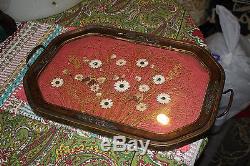 Antique Wood & Glass Serving Tray-Dried Flowers In Center-Large Tray Wall Plaque