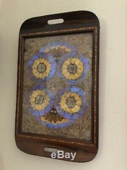 Antique Wood Inlaid Blue & Gold BUTTERFLY WING Large Serving Tray