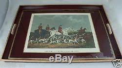 Antique Wood/glass Serving Tray Horse/hound Engraving English Hunting Scene