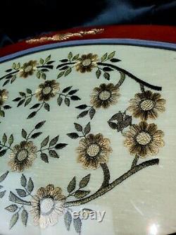 Antique Wooden Butler Dresser Serving MCM Tray stitched flowers Handles 12x19