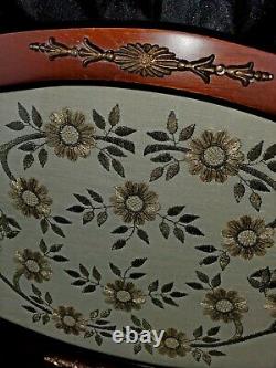 Antique Wooden Butler Dresser Serving MCM Tray stitched flowers Handles 12x19