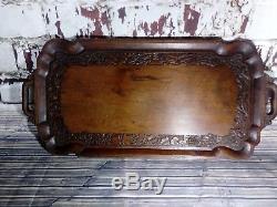 Antique Wooden Carved Ornate Serving Servants Butlers Tea Coffee Snack Tray