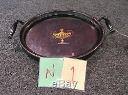 Antique Wooden Glass Oval Serving Tray 2 handles Dark Wood Inlaid 12 x 9.5