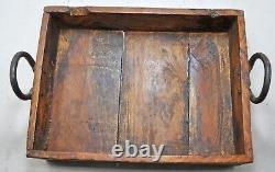 Antique Wooden Rectangle Kitchen Basket Tray With Handles Original Hand Crafted