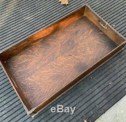 Antique Wooden Tiger Oak Serving Tray 28 1/2 X 16 1/4 Inches With Brass Corners