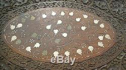 Antique anglo-indian dark wood carved folding inlaid serving table butlers tray