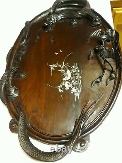 Antique early 1900s Japanese Hand Carved Teak Dragon Serving Tray, 24 x 15 1/2
