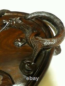 Antique early 1900s Japanese Hand Carved Teak Dragon Serving Tray, 24 x 15 1/2