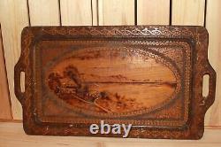 Antique floral hand made pyrography wood serving tray landscape