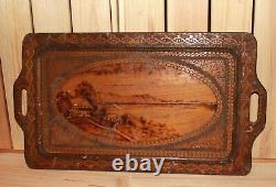 Antique floral hand made pyrography wood serving tray landscape