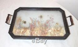 Antique handmade real flower art diorama wood brass serving tray platter glass