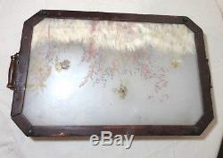 Antique handmade real flower art diorama wood brass serving tray platter glass