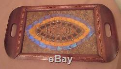 Antique handmade wood marquetry real butterfly serving platter tray drink dish