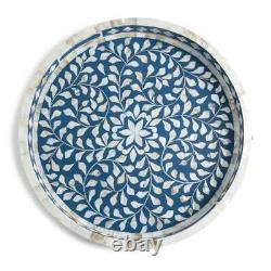 Antique indian Handmade Mother of Pearl Blue floral Round Tray Serving Tray