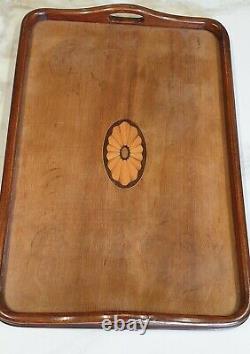 Antique inlay decoration large wood drinks butler serving tray